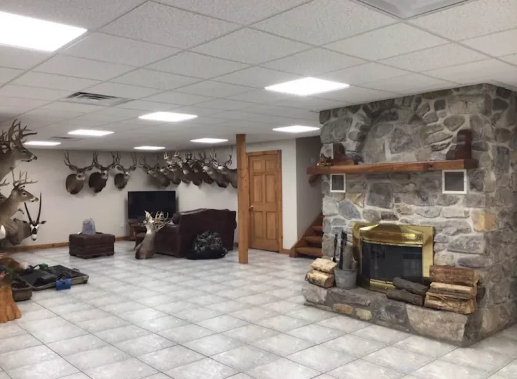 Large basement converted into a trophy room with stone fireplace, displaying a collection of mounted deer heads, providing a rustic recreational space.